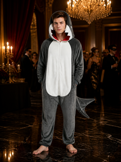 Shark Animal Hooded Jumpsuit Costume With Tail And White Belly Panel Costumes detail