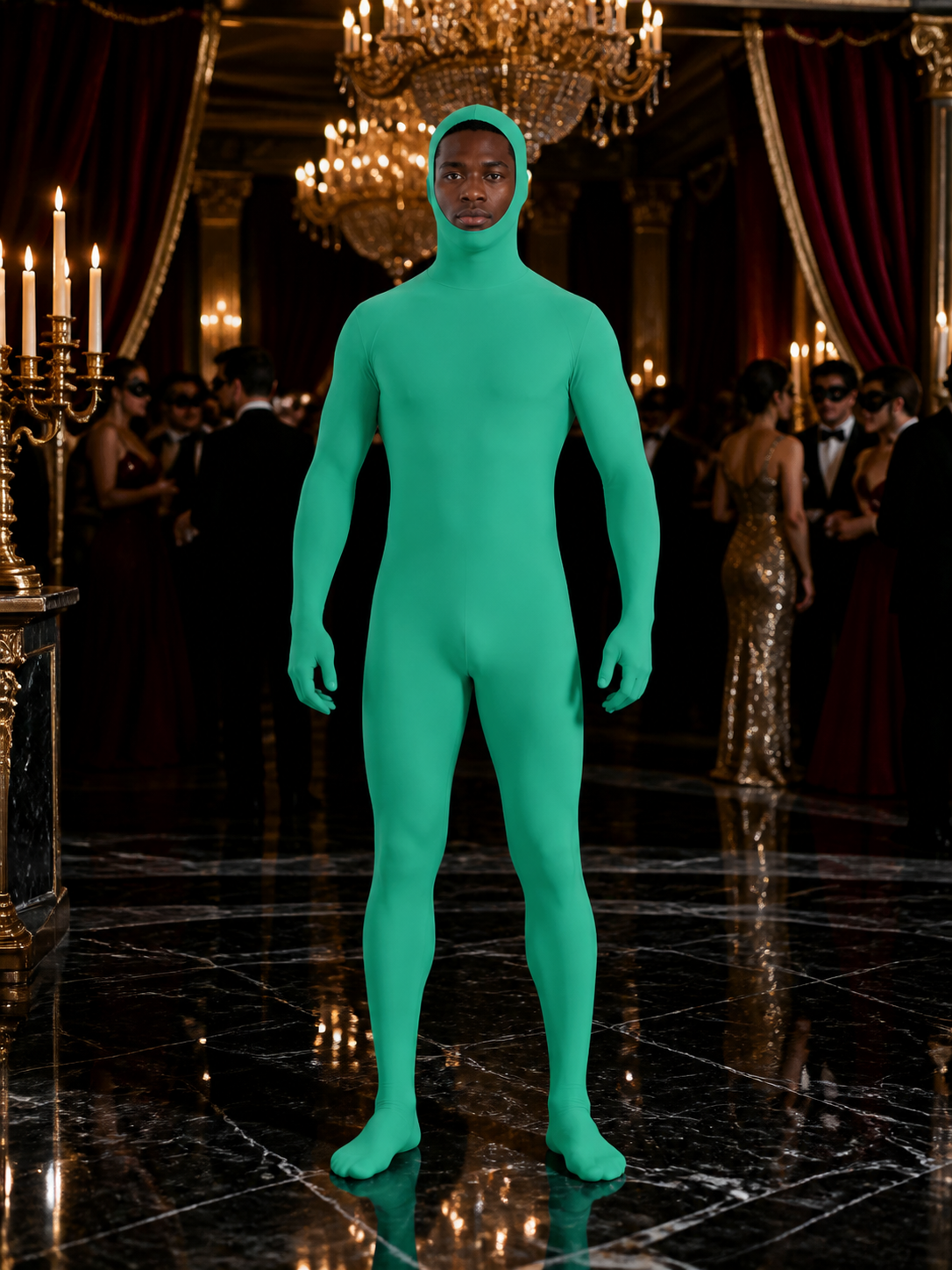 Kids Fluorescent Green Zentai Jumpsuit Costume, Hooded Full-Body Halloween Costumes detail