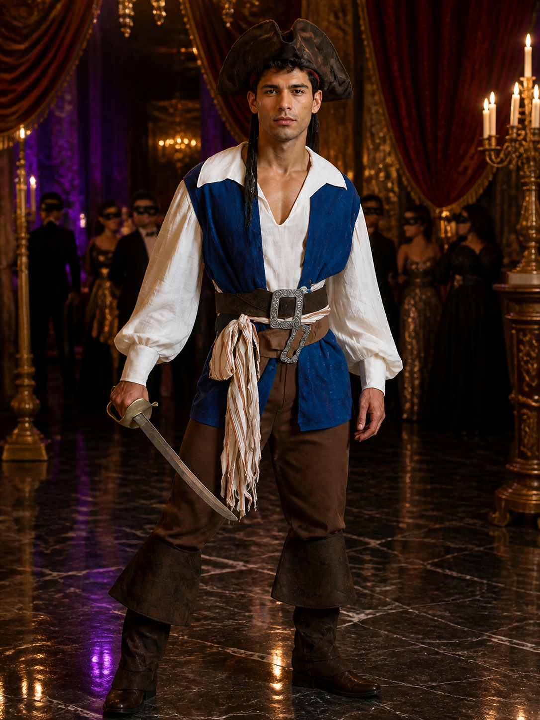 Men's Pirate Captain Costume Set with Vest, Shirt, Pants, Hat & Sword Costume Headwear detail