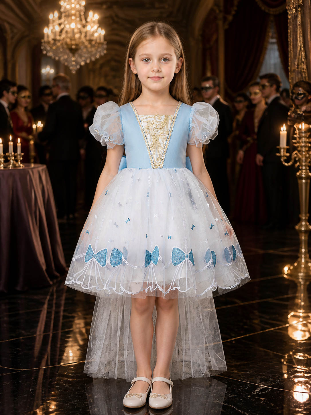 Girls' Sky Blue Princess Dress With Gold Pattern, Puff Sleeves, Layered Organza Costume Dresses detail