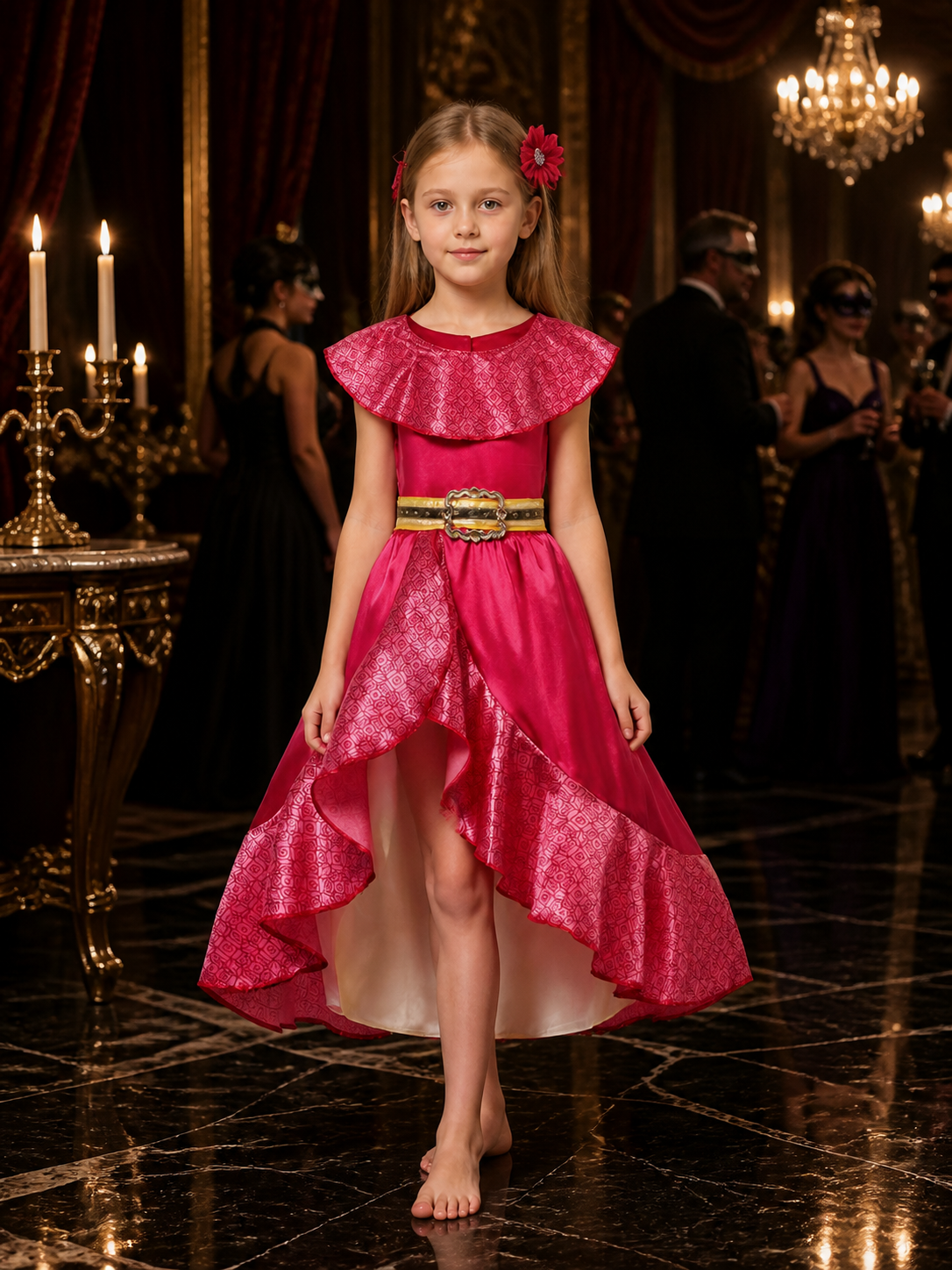 Kids Princess Elena Costume Dress Set with Ruffle Collar and Flower Hair Clips Costume Dresses detail