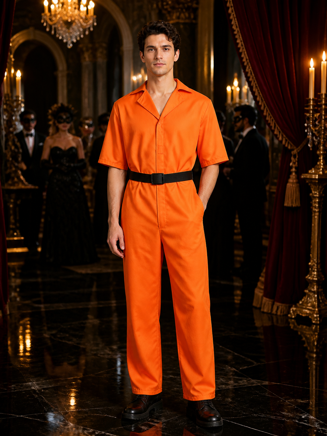 Orange prisoner jumpsuit costume worn at a dark masquerade party
