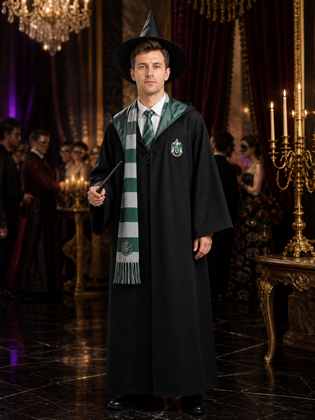 Slytherin Wizard Costume Set with Hooded Robe, Scarf, Tie, Hat, Shirt and Wand Costume Headwear detail