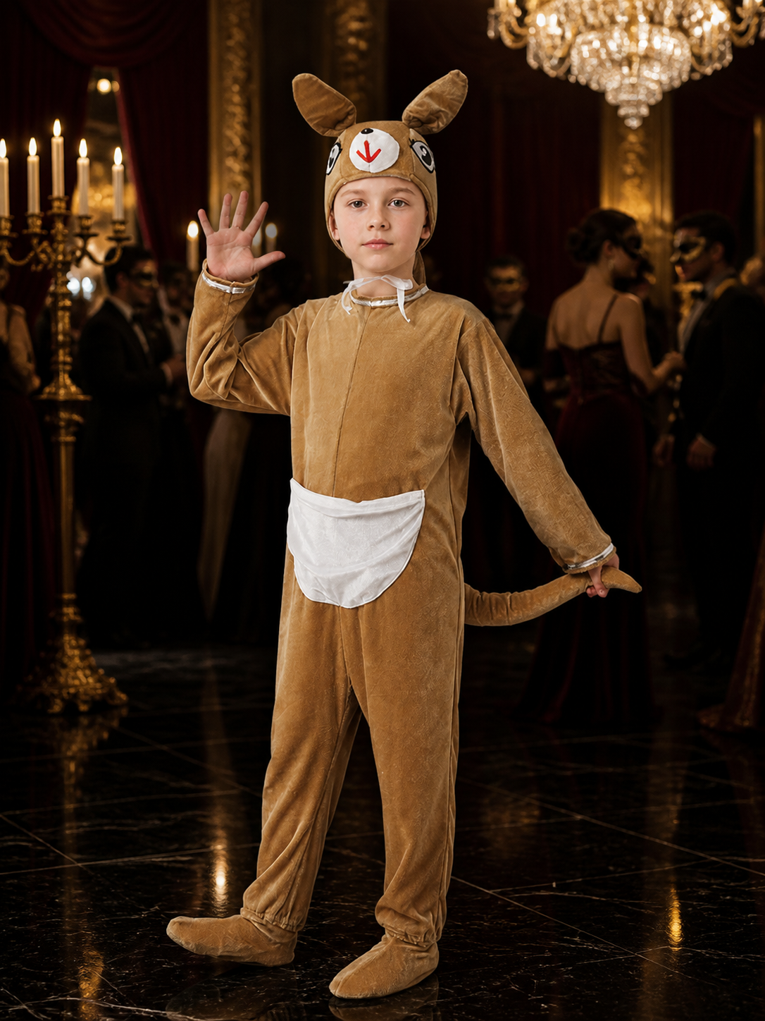 Kids Kangaroo Animal Onesie Costume, Brown and White with Hood, Tail, and Footed Costumes detail