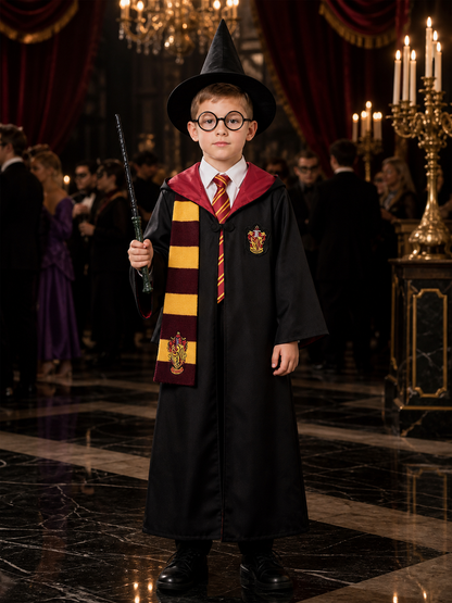 Kids Magic Wizard Robe Costume Set With Hat, Wand, Glasses, Scarf, Tie And Shirt Costume Headwear detail