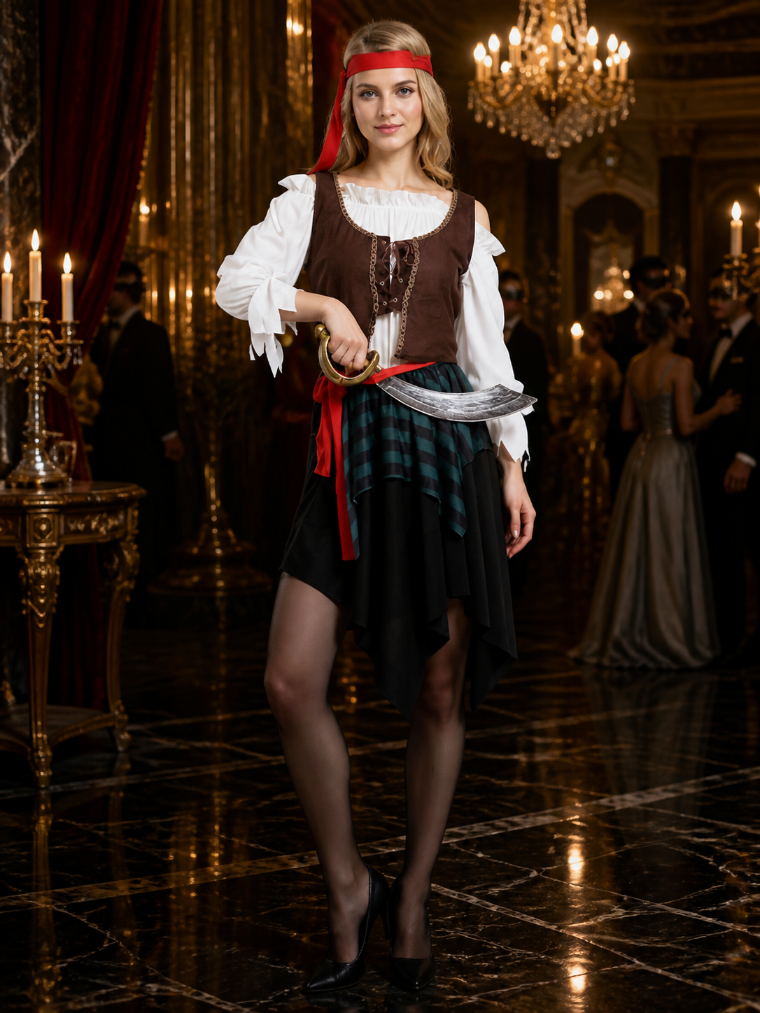 Adult Pirate Costume Set with Layered Skirt, Vest, Headband and Belt Costume Headwear detail