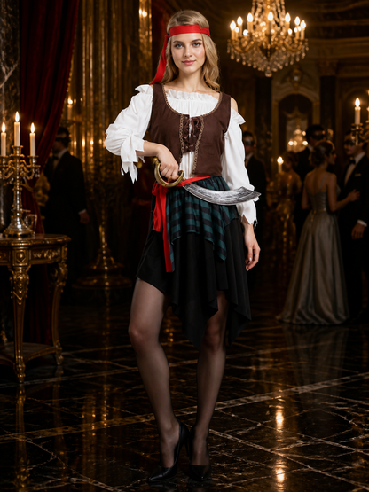 Adult Pirate Costume Set with Layered Skirt, Vest, Headband and Belt Costume Headwear detail