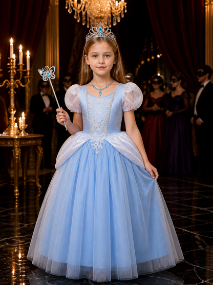 Girls Cinderella Costume Dress, Blue Tulle Princess Ball Gown Set with Tiara Costume Dresses detail