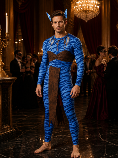 Unisex Avatar Style Blue Tiger Stripe Bodysuit Costume Set with Irregular Hem Costumes detail