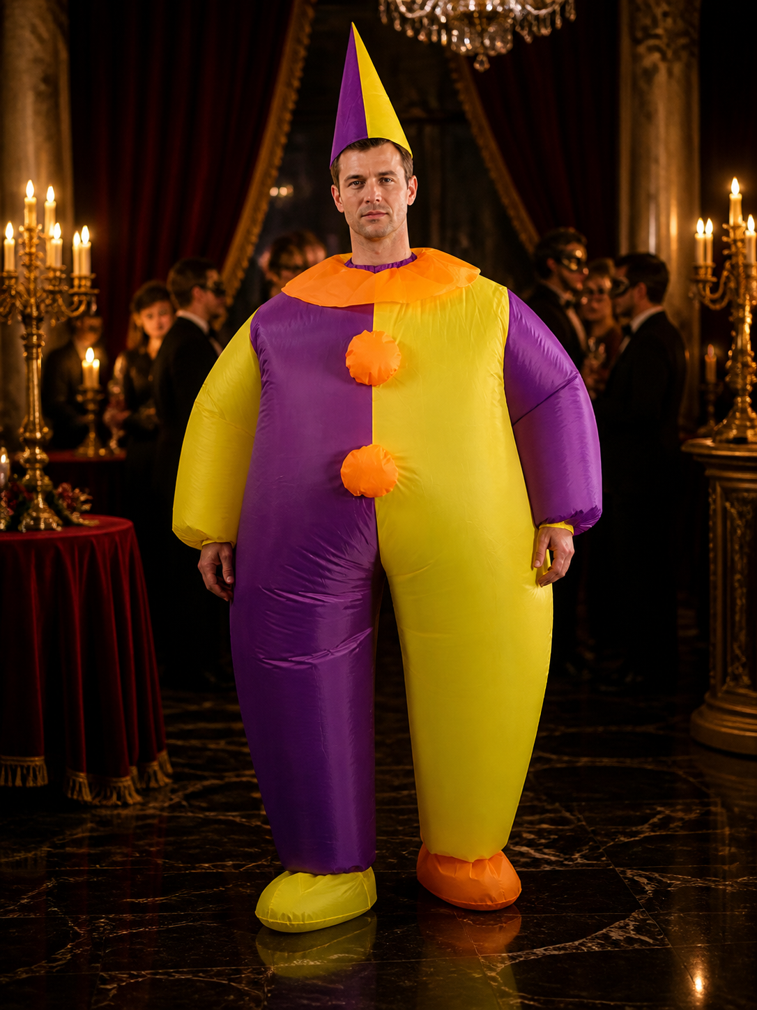 Inflatable Clown Jumpsuit Costume, Purple Yellow Split Color with Orange Costumes detail