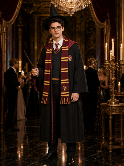 Wizard Costume Set, School-Style Hooded Robe With Hat, Scarf, Tie, Glasses, Wand Costume Headwear detail