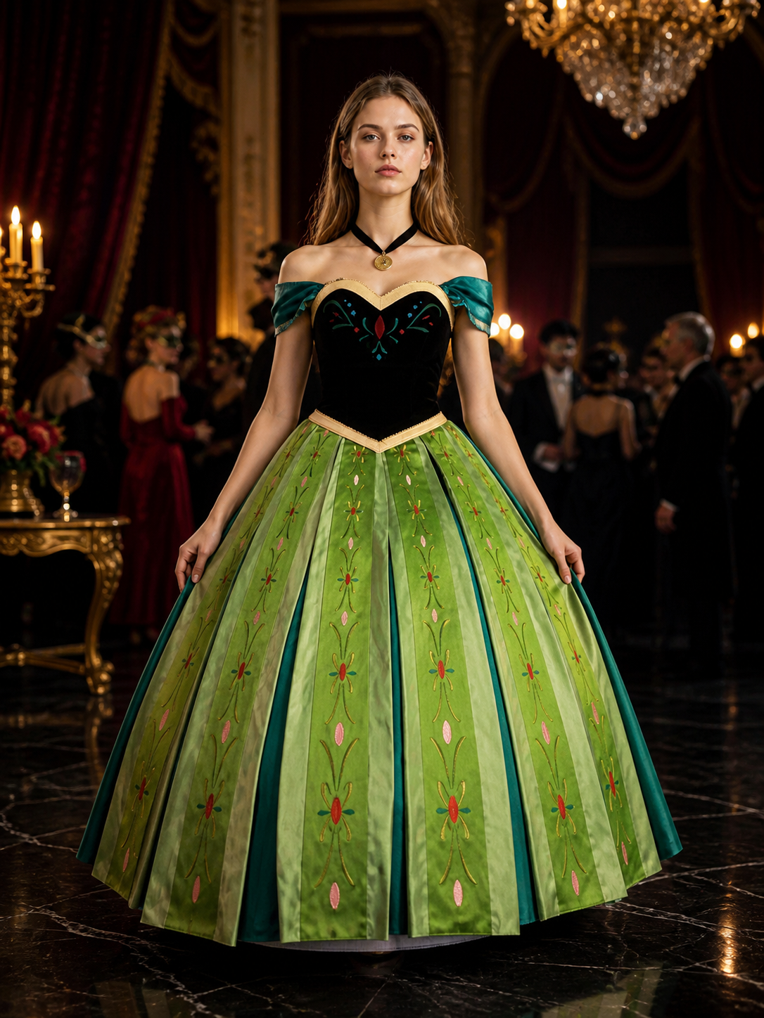 Anna-Themed Princess Costume Dress Set, Embroidered Long Dress With Necklace And Costume Dresses detail