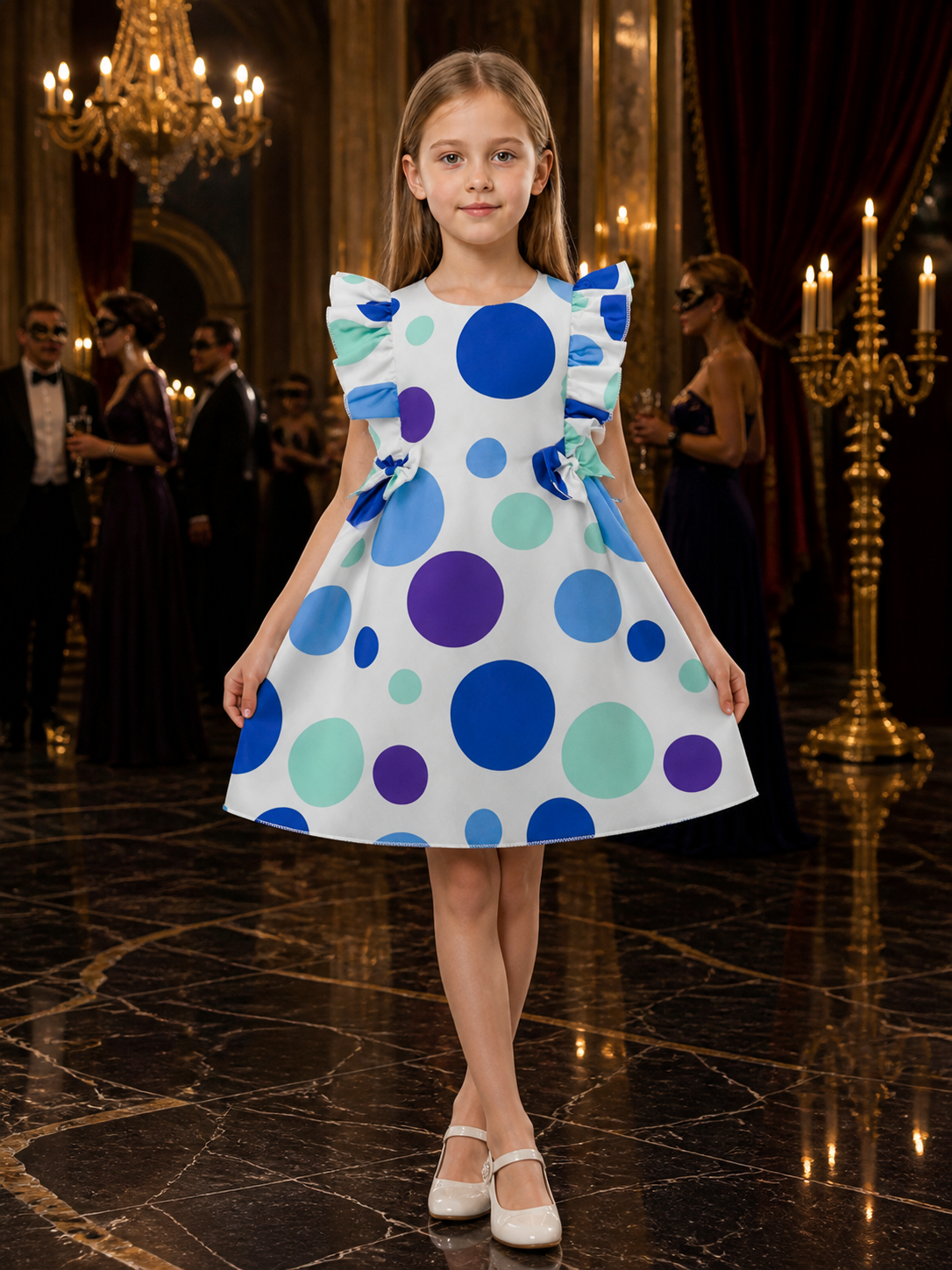 Girls' Polka Dot Princess Dress With Bow Accents, Flutter Sleeves, A-Line Formal Costume Dresses detail