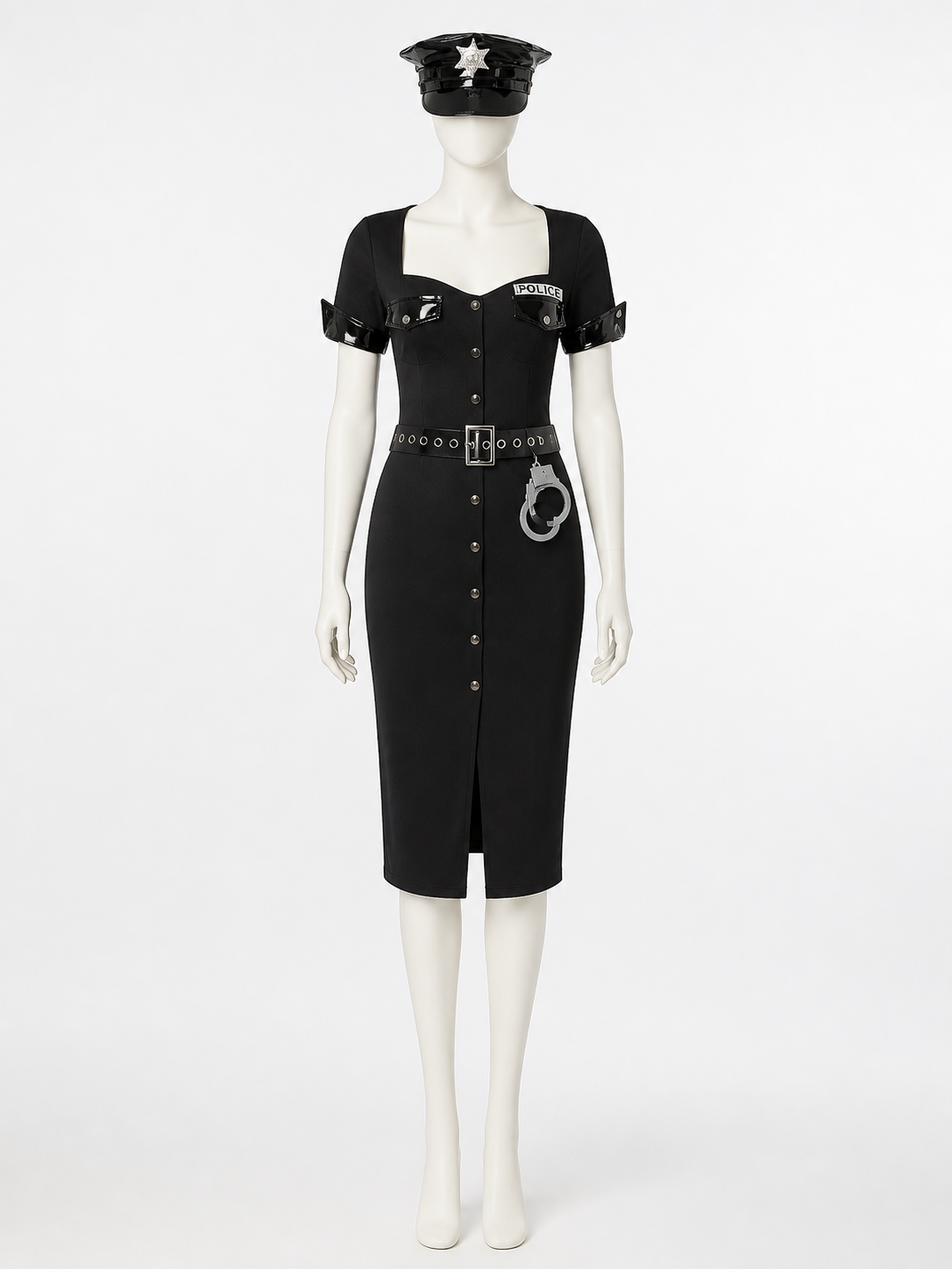 Women's Black Police Costume Set with Dress, Hat and Belt Costume Dresses detail