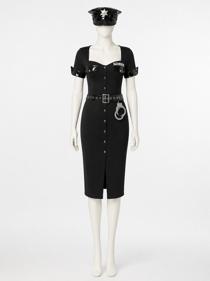 Women's Black Police Costume Set with Dress, Hat and Belt Costume Dresses detail