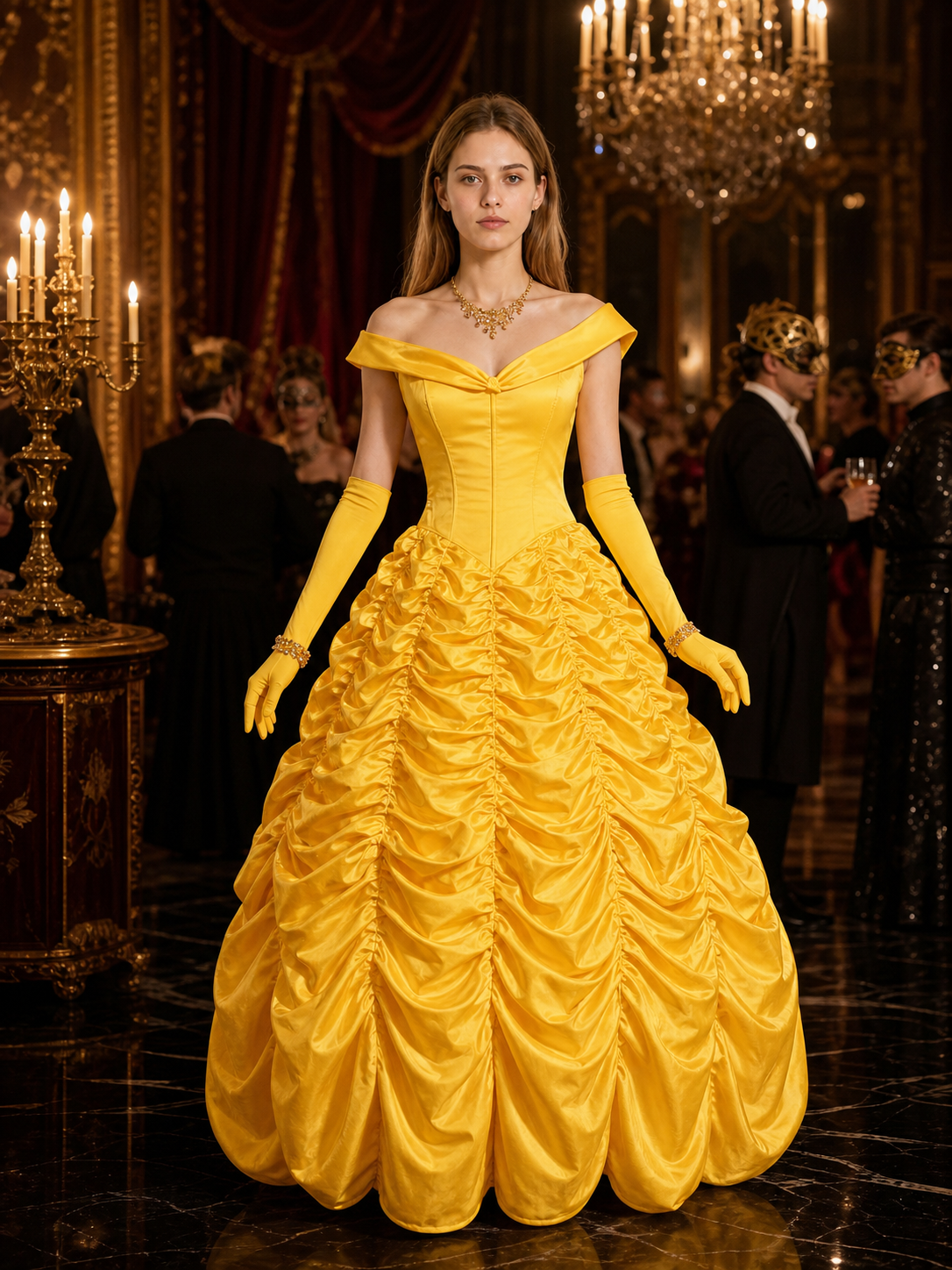 Women's Yellow Princess Costume Dress with Off-Shoulder, Ruffled Skirt, Gloves Costume Dresses detail