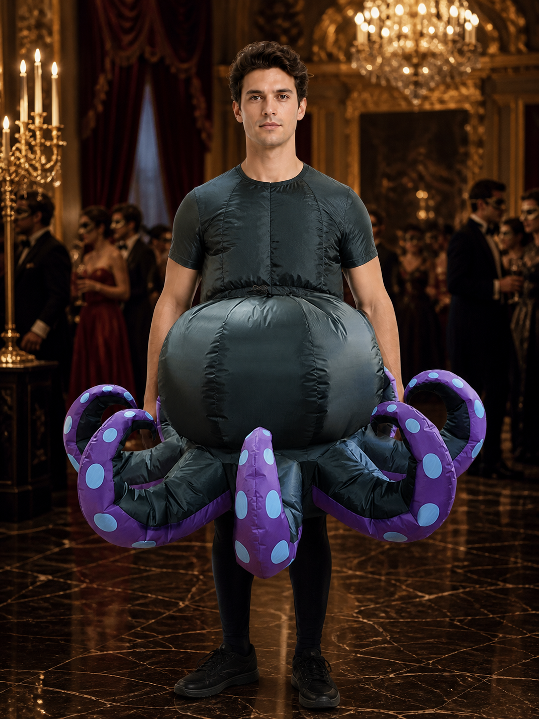Octopus Inflatable Costume, Black Body with Purple Tentacles and Blue Dots Costumes detail