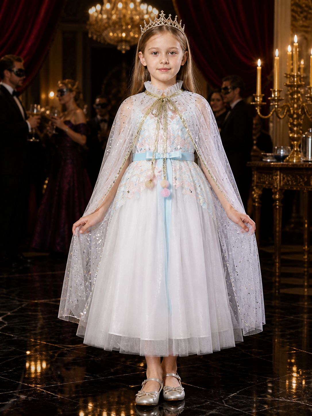 Girls Fairy Tale Princess Costume Dress with Tulle Overlay and Shimmer Dots Costume Dresses detail
