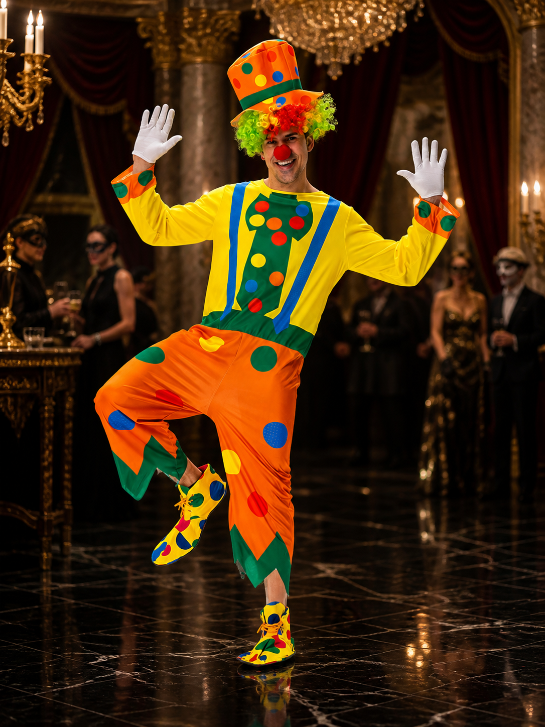 Unisex Clown Jumpsuit Costume with Polka Dot Print and Matching Hat Costume Headwear detail