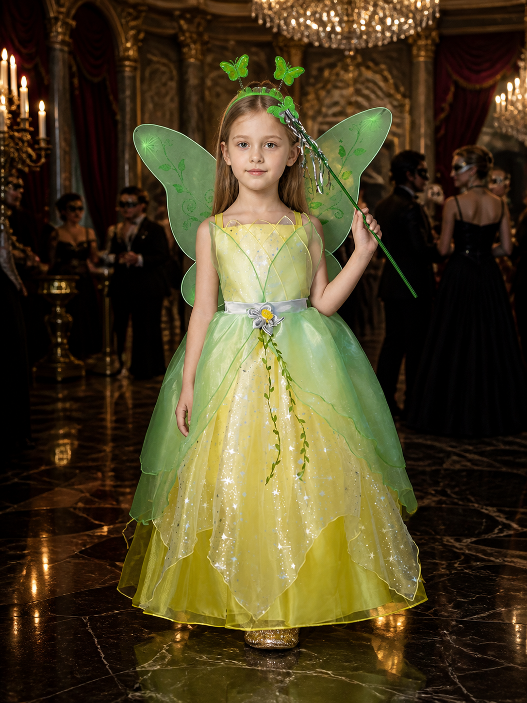Girls Enchanted Fairy Princess Costume Dress with Wings, Headband & Wand, Green Costume Dresses detail
