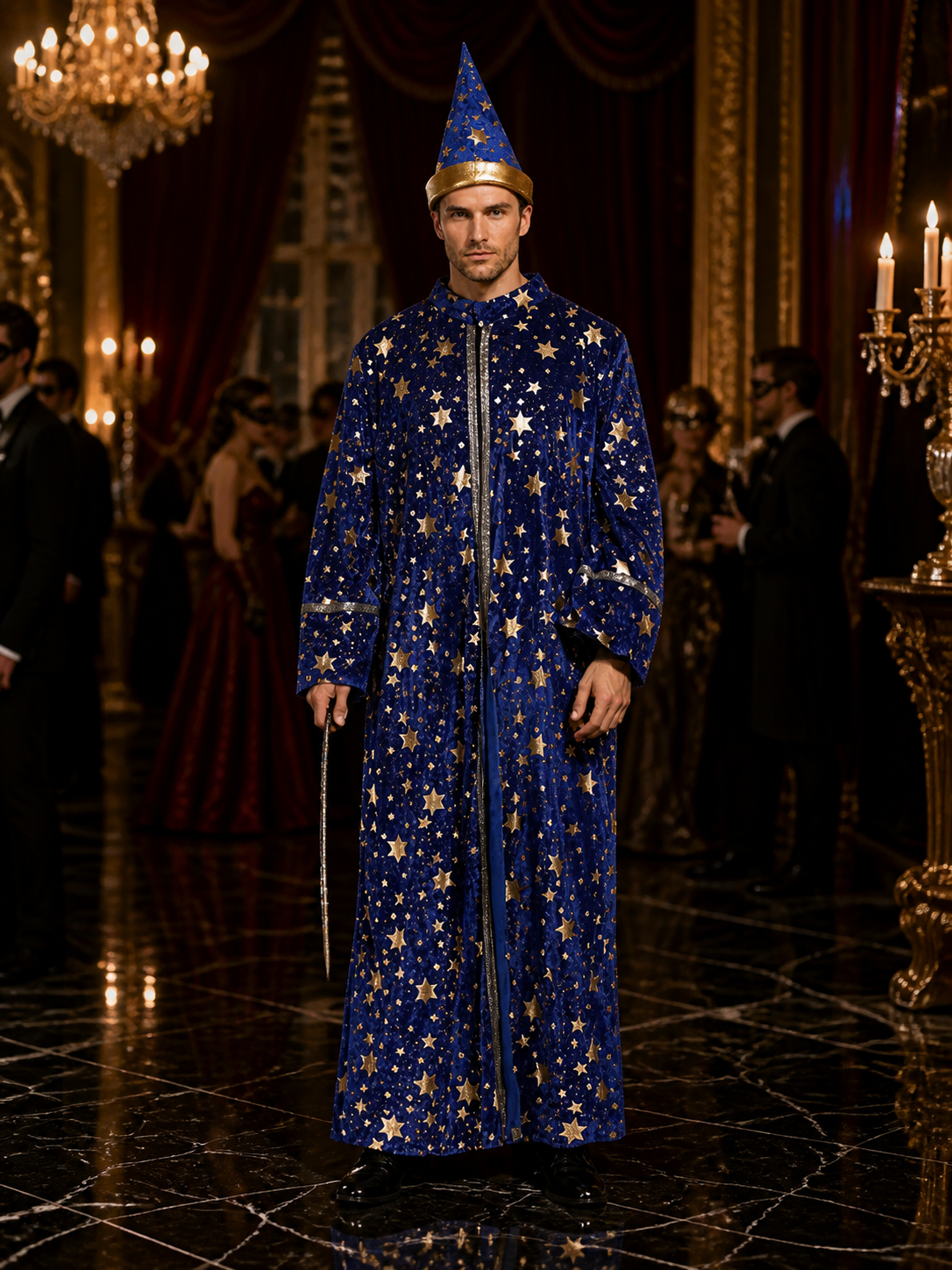 Blue Wizard Robe and Hat Costume Set with Gold Star Moon Print and Silver Trim Costume Headwear detail