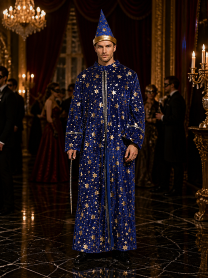 Blue Wizard Robe and Hat Costume Set with Gold Star Moon Print and Silver Trim Costume Headwear detail
