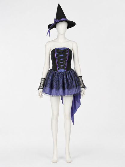 Women's Sexy Witch Costume Set with Hat and Lace Gloves, Black and Purple Costume Headwear detail