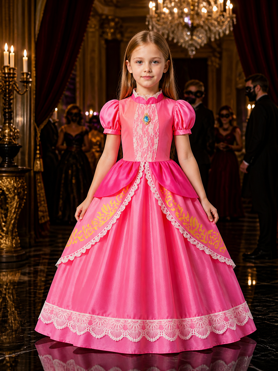 Girls Princess Dress Halloween Costume, Lace-Trimmed Puff Sleeve Gown Costume Dresses detail
