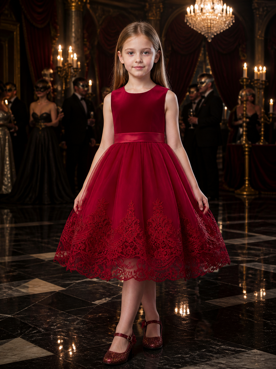 Girls' Burgundy Princess Dress with Lace Train, Layered Tulle Skirt and Waist Costume Dresses detail