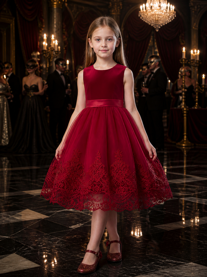 Girls' Burgundy Princess Dress with Lace Train, Layered Tulle Skirt and Waist Costume Dresses detail