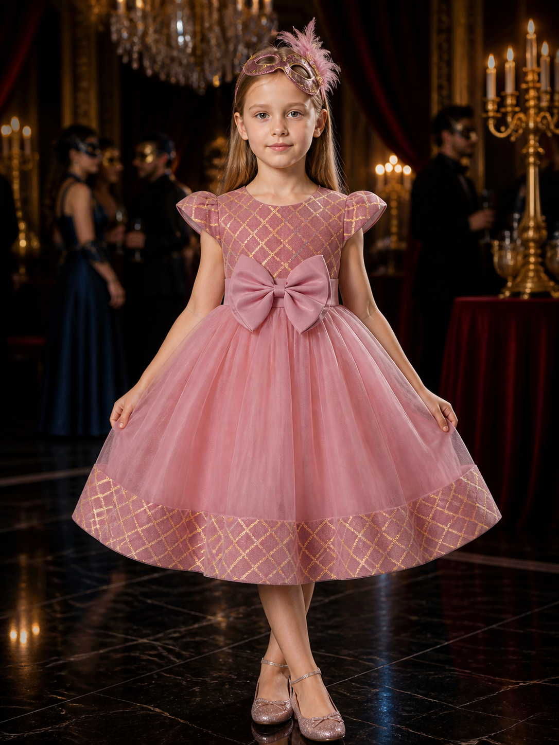 Toddler Girls' Pink Princess Formal Dress, Puff Sleeves, Oversized Bow, Gold Costume Dresses detail