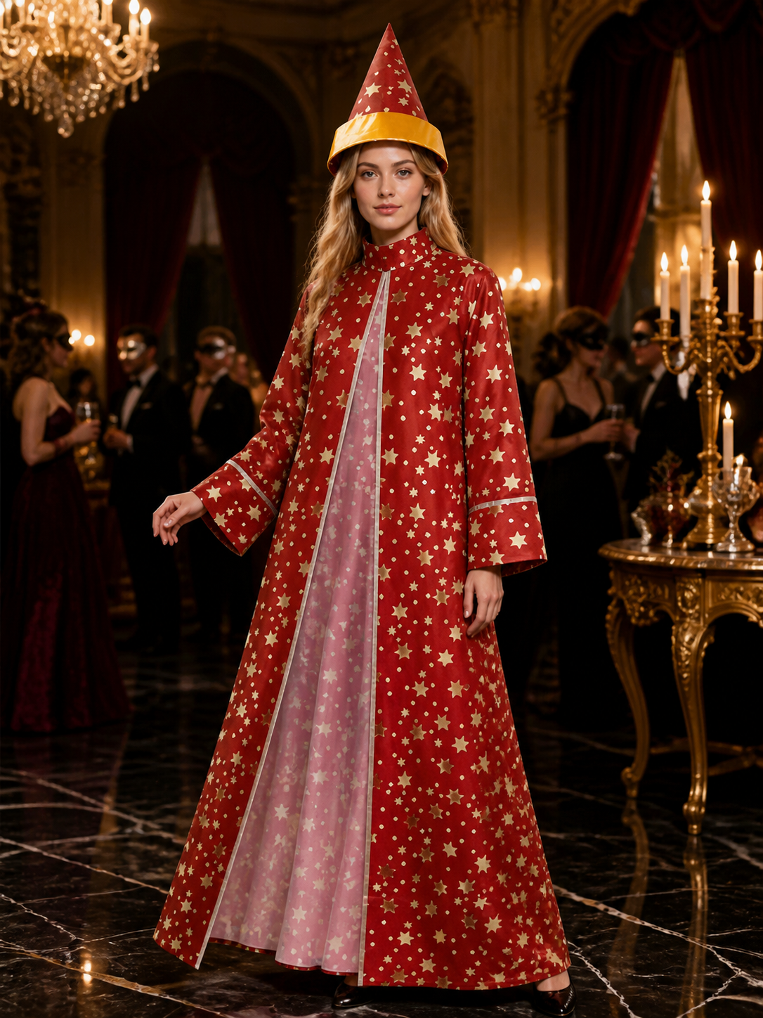 Red Star-Printed Witch Costume Set, Long Robe And Pointed Hat Halloween Outfit