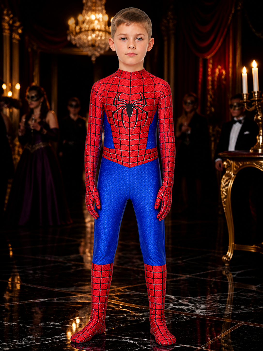 Kids Red And Blue Spider-Themed Full-Body Bodysuit Costume With Mask Costume Masks detail