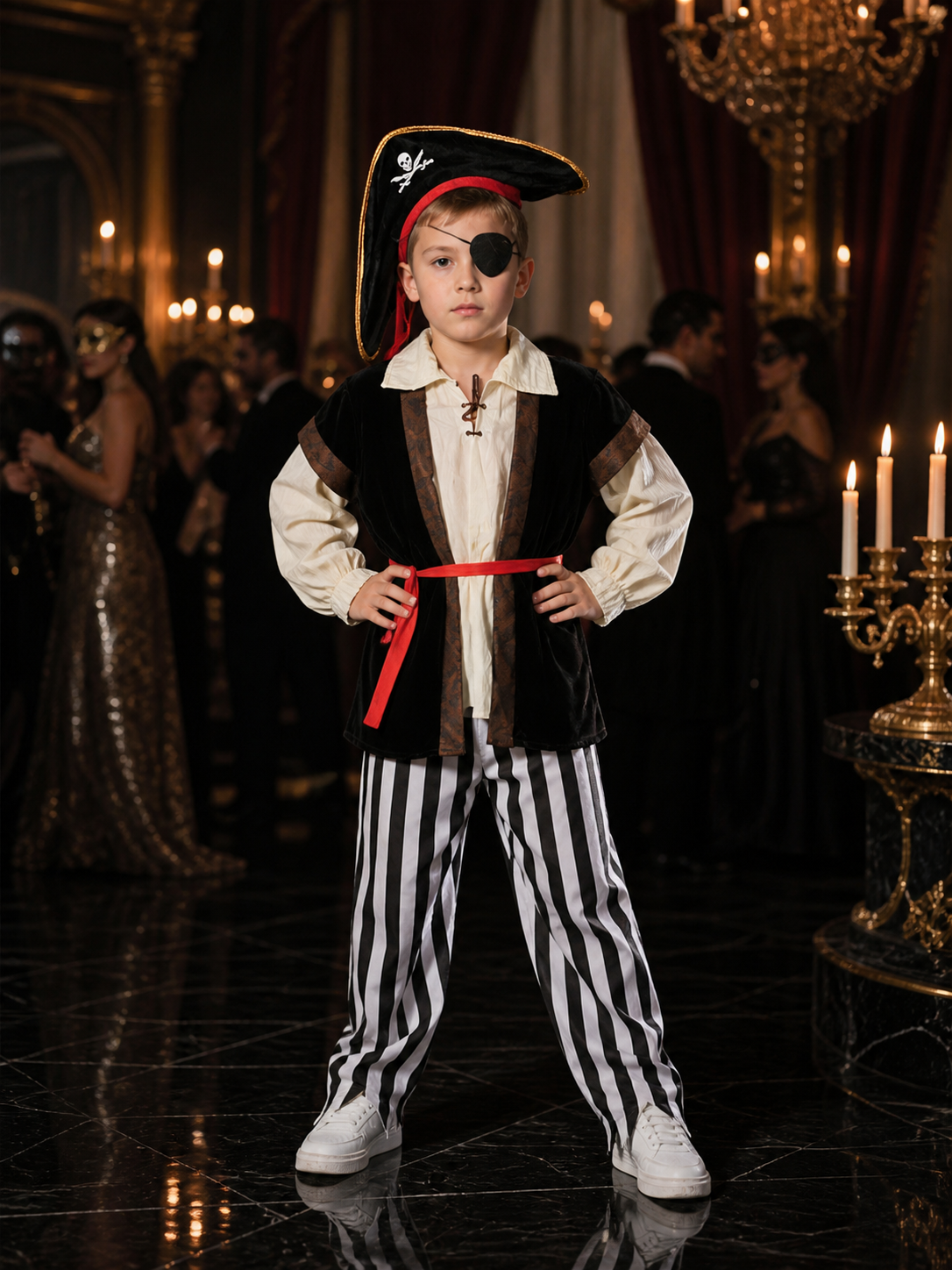 Boy's Pirate Costume Set with Hat, Eye Patch, Belt and Striped Pants Costume Headwear detail