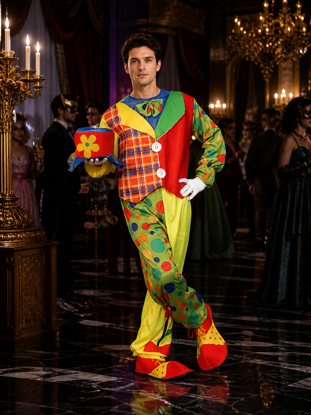 Unisex Adult Clown Costume Set, Colorful Polka Dot Jumpsuit with Vest, Bow Tie Costume Accessories detail