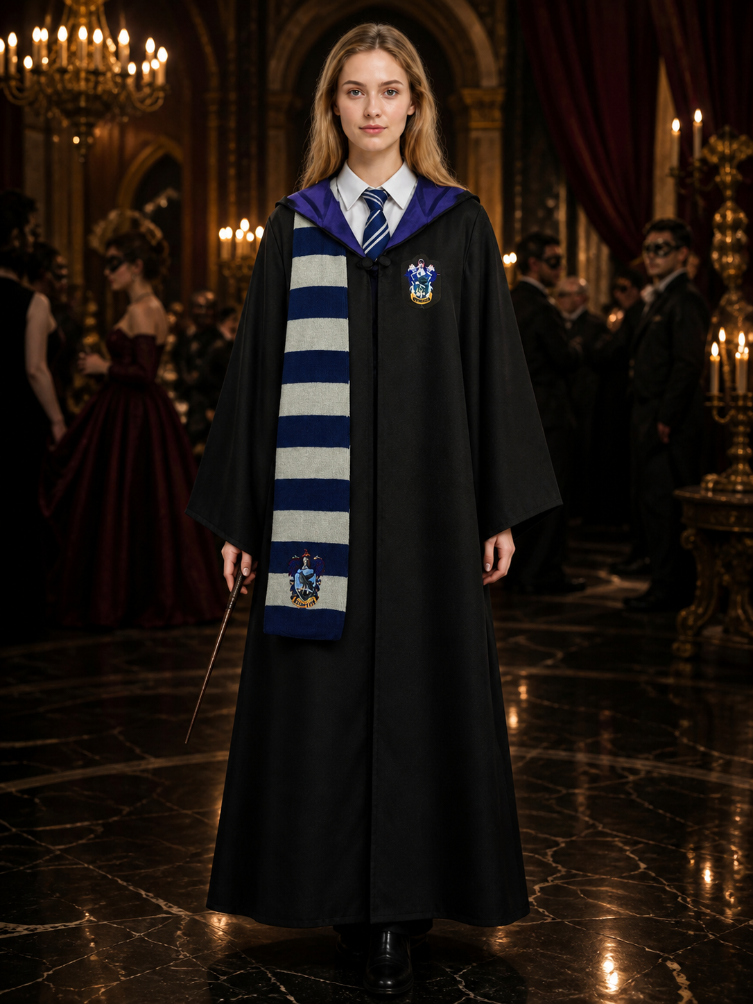 Ravenclaw Hooded Wizard Robe Costume Set with Striped Tie and Scarf, Halloween