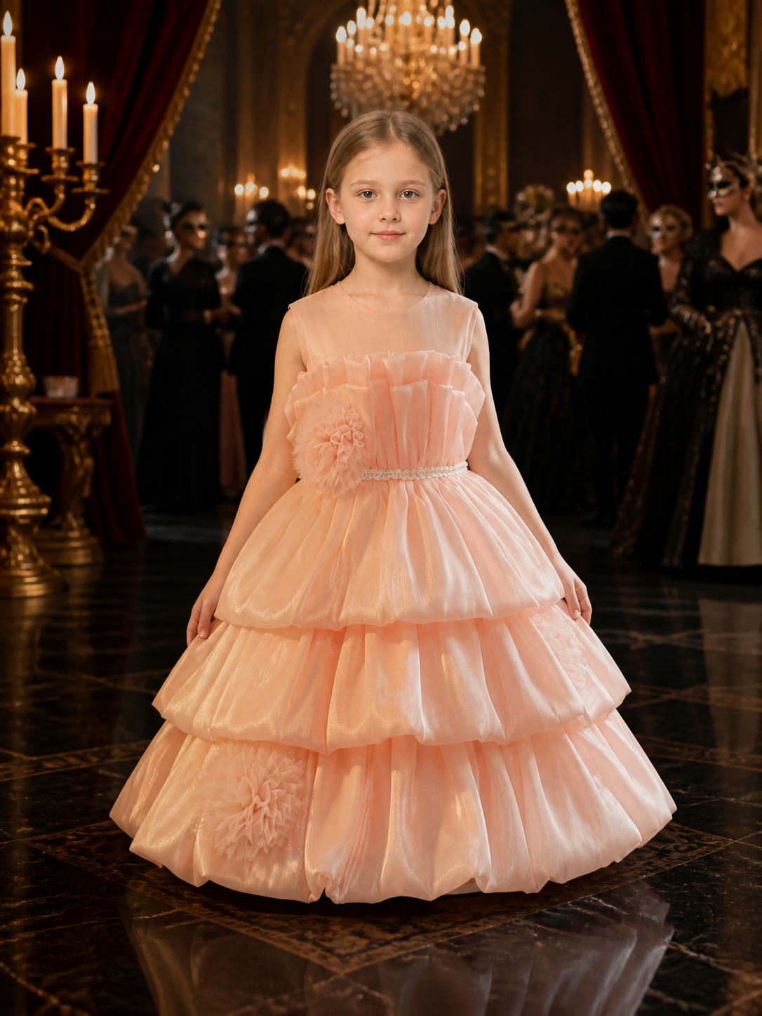 Girls' Pink Princess Cake Dress, Layered Ruffle Skirt with Tulle Flowers and Costume Dresses detail