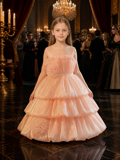 Girls' Pink Princess Cake Dress, Layered Ruffle Skirt with Tulle Flowers and Costume Dresses detail