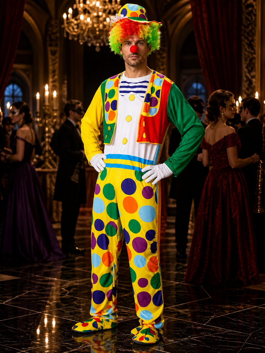 Unisex Adult Clown Jumpsuit Costume Set with Polka Dot Hat and Robe for Costume Headwear detail
