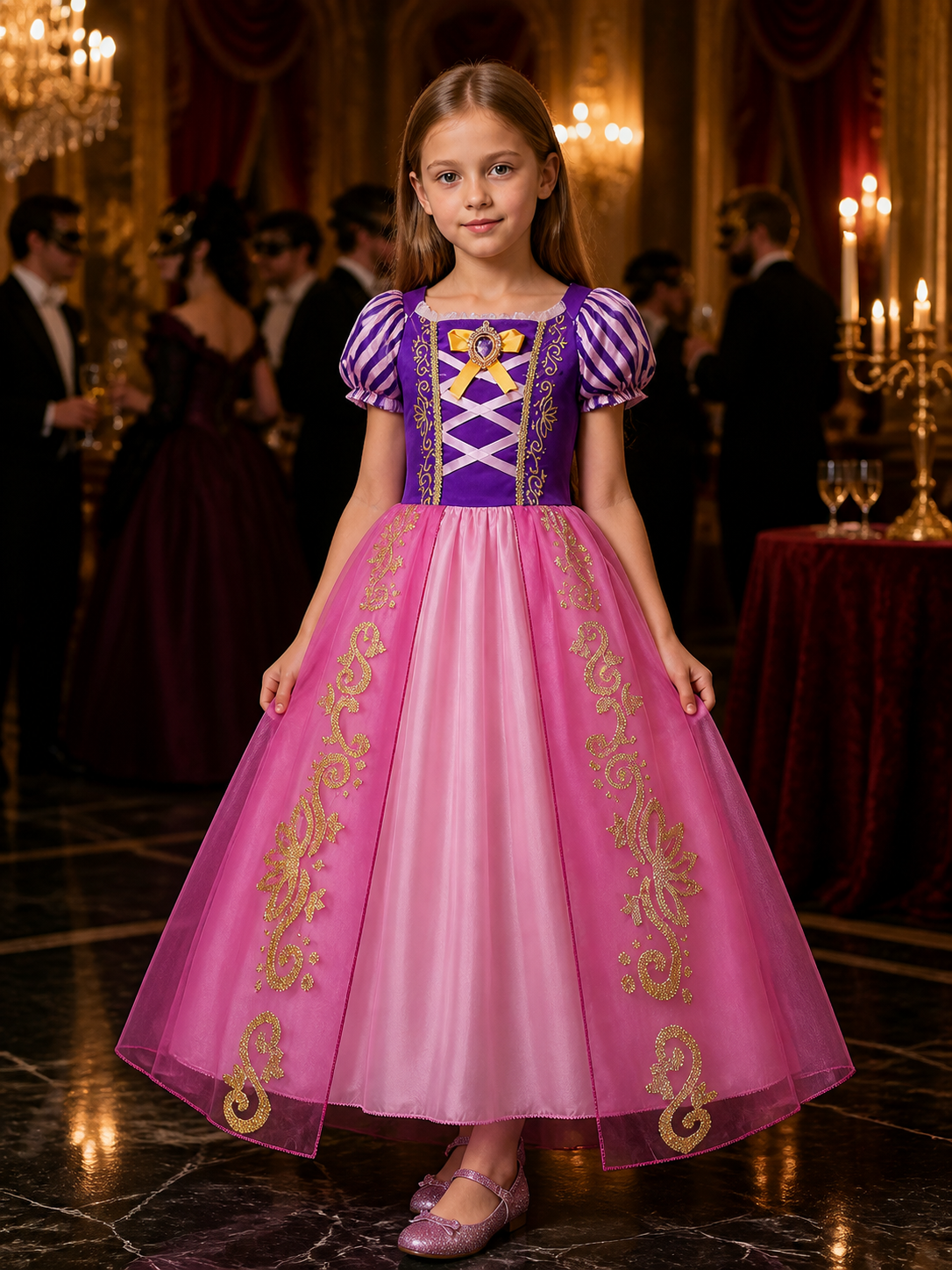 Girls Princess Costume Dress With Purple Bodice And Puffy Pink Skirt - Halloween Costume Dresses detail