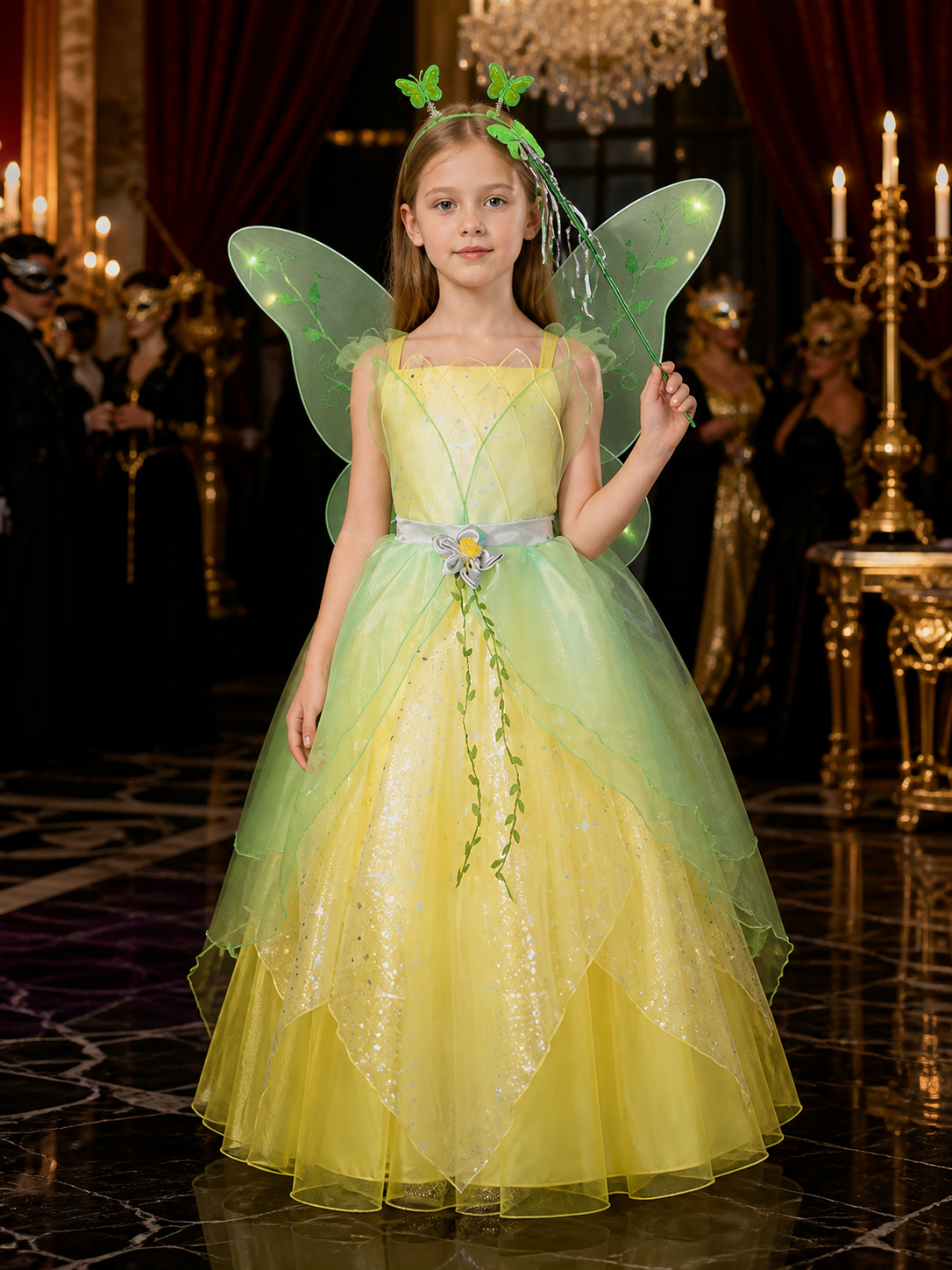 Girl's Princess Dress Costume, Layered Gown with Leaf and Star Sequins Costume Dresses detail