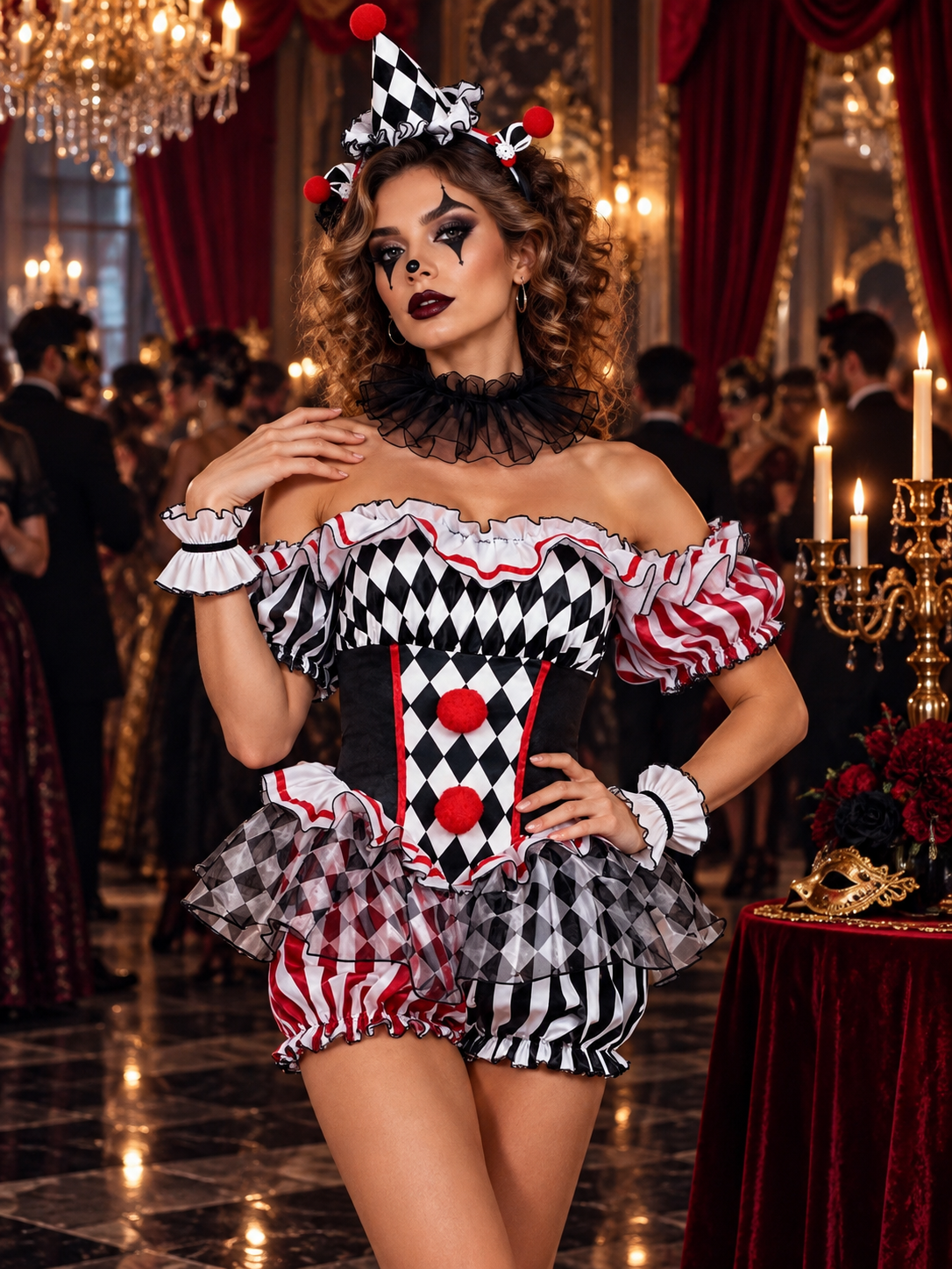 Clown Costume with Jumpsuit, Skirt, and Pom-Poms
