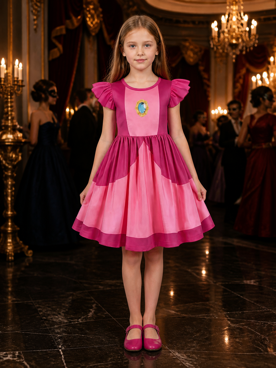 Kids Princess Peach Pink Ruffle Sleeve Dress Costume with High Waist Costume Dresses detail