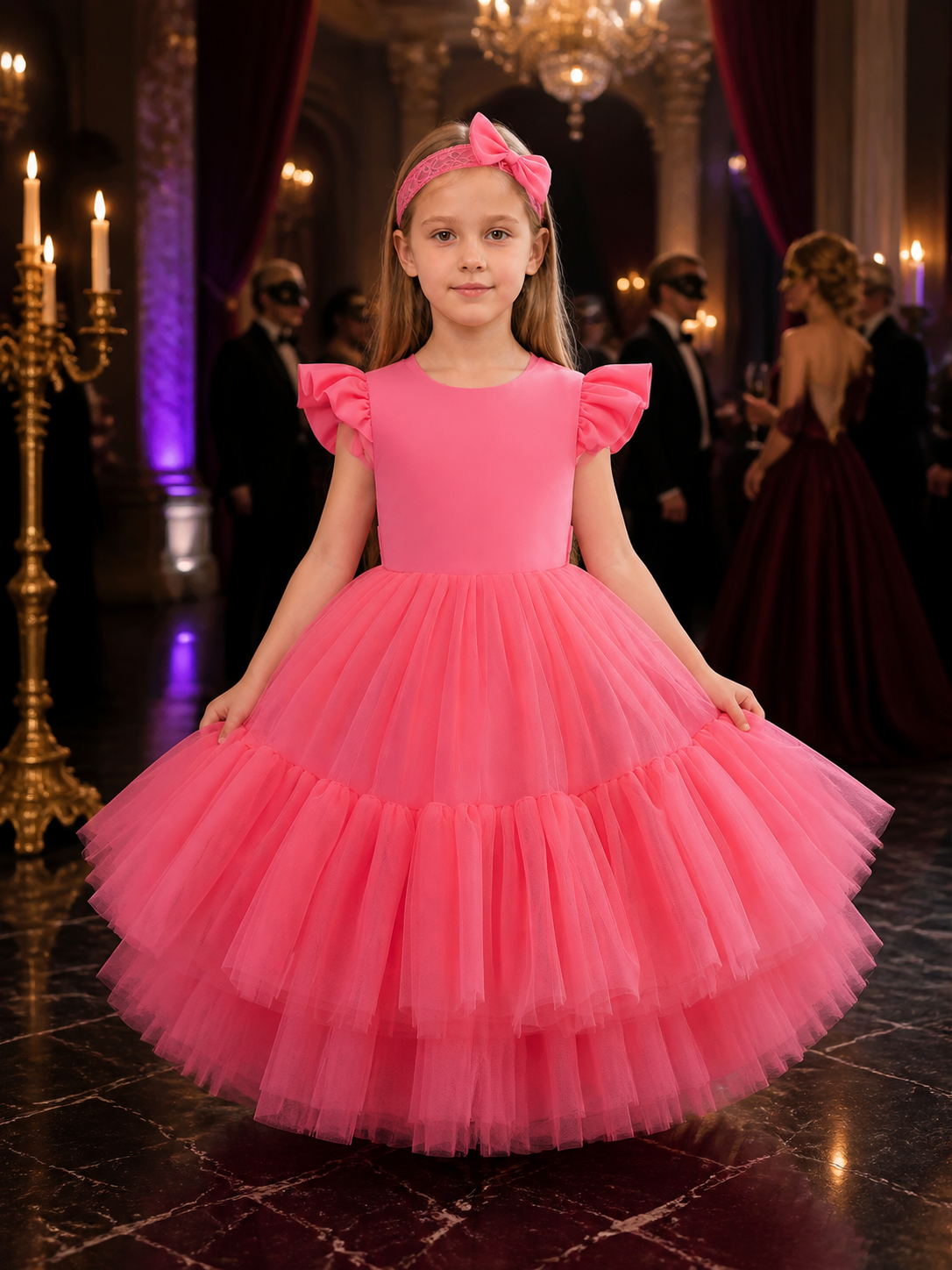 Girls' Princess Dress Set With Lace Bow Headpiece and Layered Tulle Skirt Costume Dresses detail