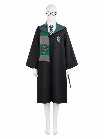 Kids Slytherin Wizard Costume Set, Hooded Robe With Scarf, Tie, Glasses And Wand Costume Accessories detail