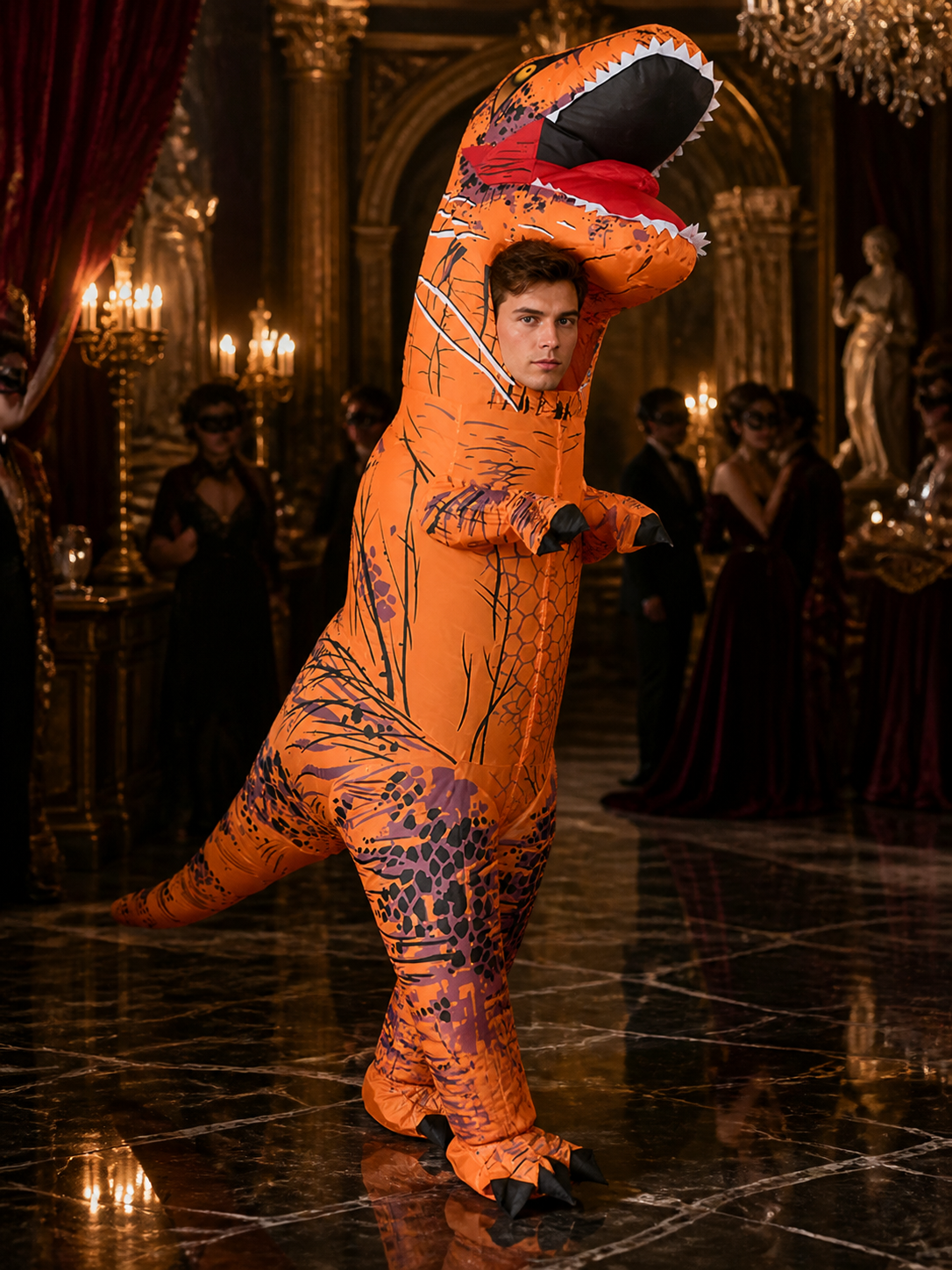 Walking T-Rex Inflatable Dinosaur Costume for Adults and Kids with Black Spots Costumes detail