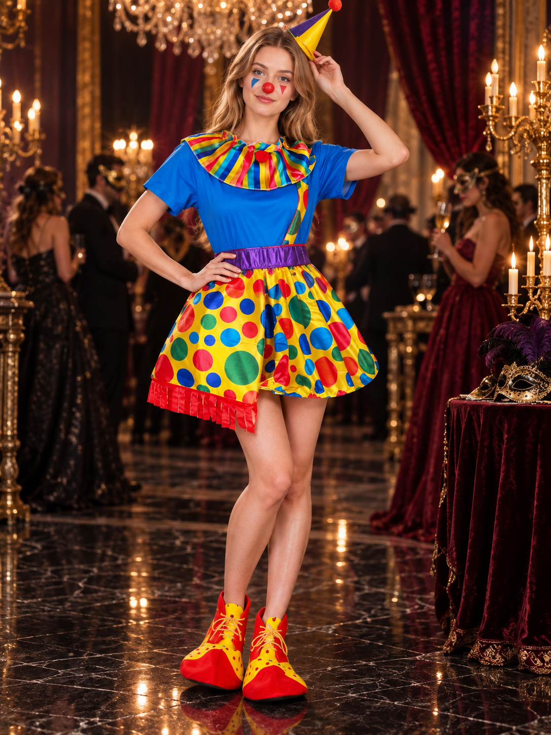 Clown Costume with Colorful Skirt, Rainbow Collar, and Belt