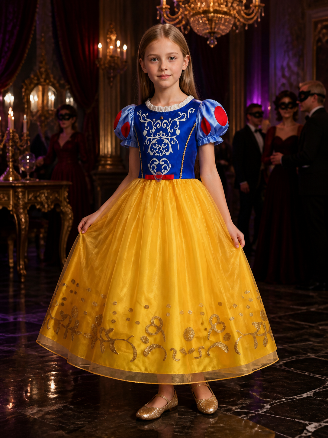Girls Princess Costume Dress, Blue and Yellow, Halloween Party Costume Dresses detail