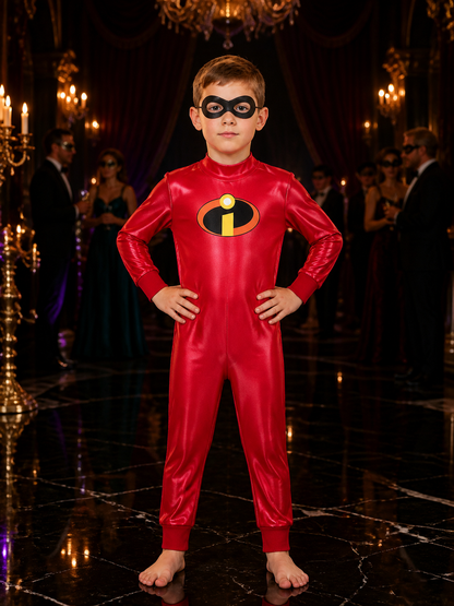Kids' Superhero Jumpsuit Costume with Eye Mask - Red Unitard for Halloween Costume Masks detail