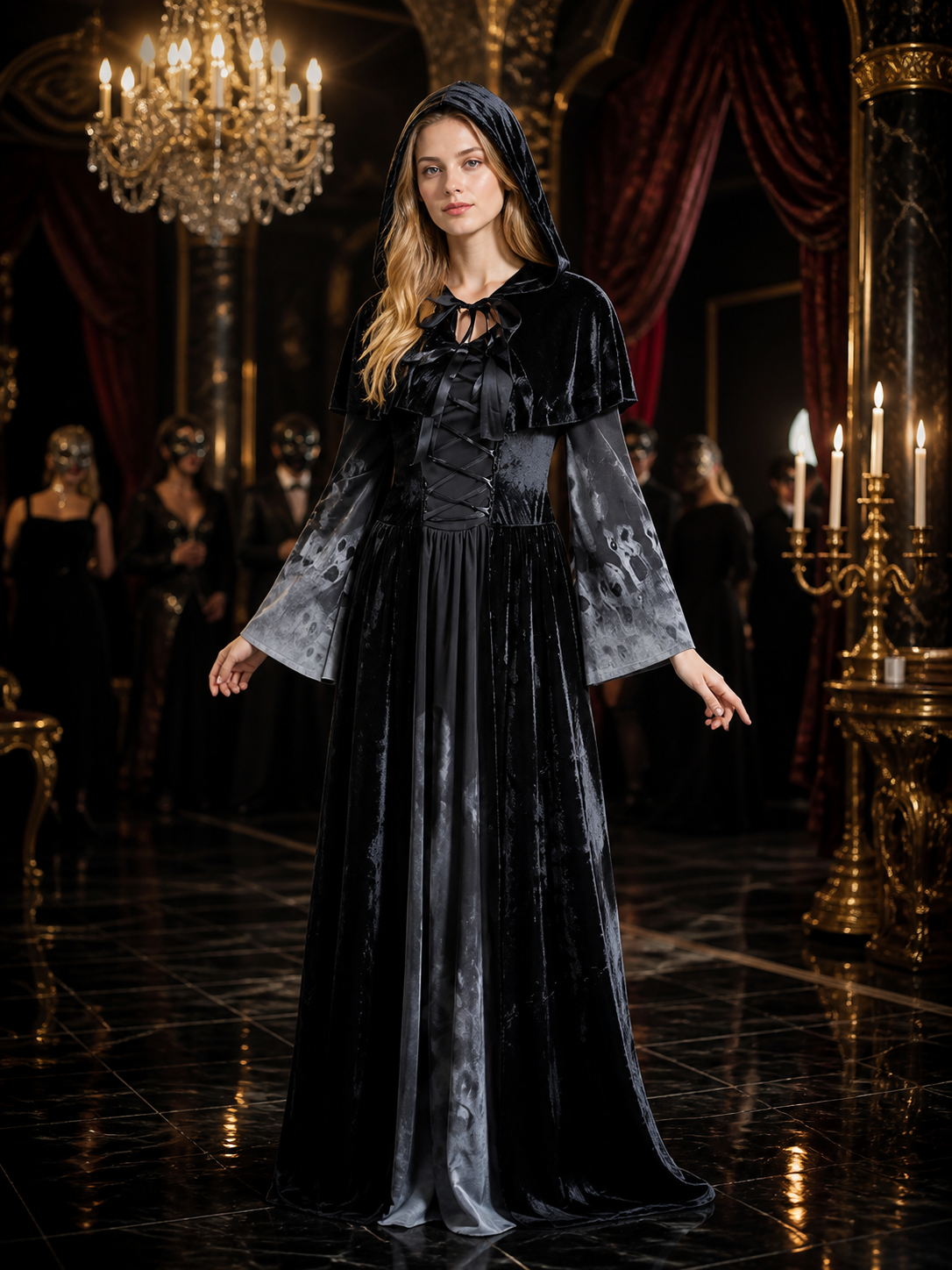 Women's Witch Costume Dress with Hooded Cape and Skull Print Bell Sleeves Costume Dresses detail